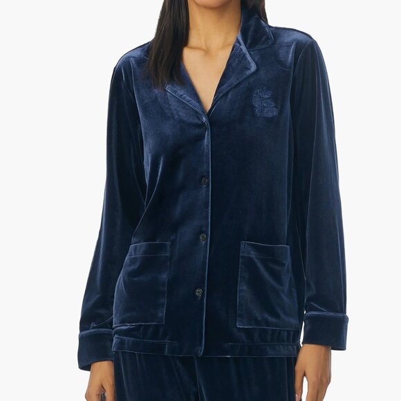 Lauren Ralph Lauren Velvet Sleep Shirt Button Down Pockets Navy Blue Medium New - Picture 2 of 8